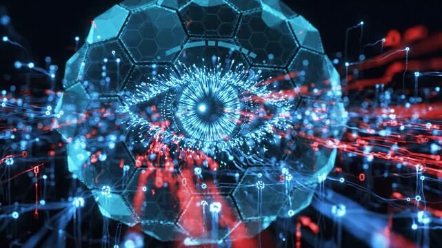 Digital eye technology futuristic interface with glowing blue and red data streams, cyber network visualization, artificial intelligence data flow, hexagonal pattern abstract design for advanced