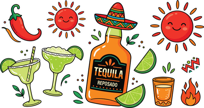 Mexican Tequila Party Icon Set with Reposado Bottle, Sombrero, Margarita Cocktails, Lime, Chili Pepper, and Cute Sun Characters for Cinco de Mayo, Bar Menus, and Fiesta Event Invitations.