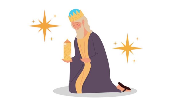 Wise man baltasar animated with gift and stars, representing the epiphany celebration and christian traditions.