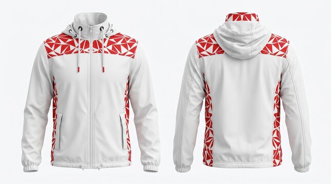 White zip-up hoodie with red floral patterns on a plain background.