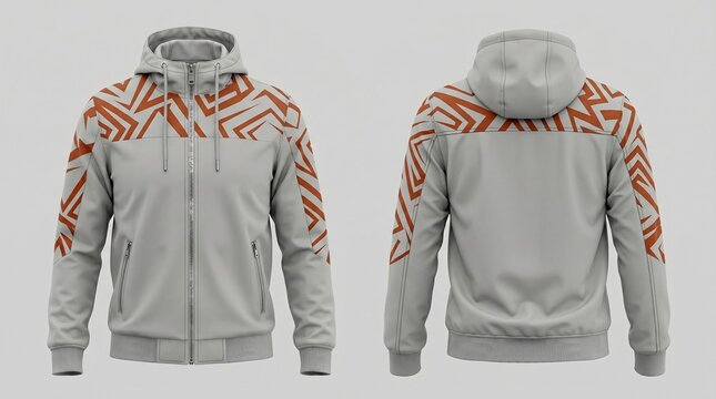 Gray hoodie with orange pattern on sleeves and shoulders, front and