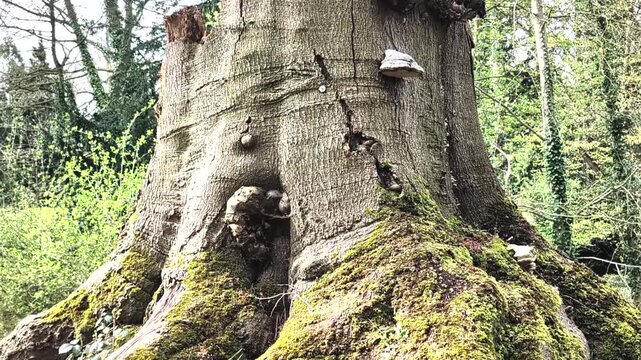 Giant tree stump in a forest park displays natural textures and unique shapes