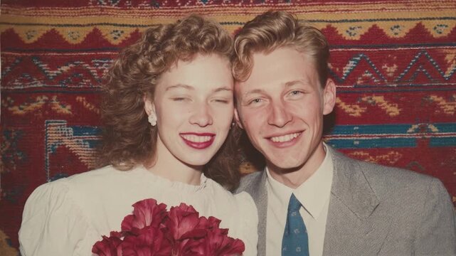 Vintage couple smiling with red flowers in front of patterned tapestry. A happy young couple poses for a portrait, the woman holding a bouquet of red flowers