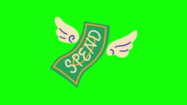 Animated dollar bills with wings, representing spending money flying away