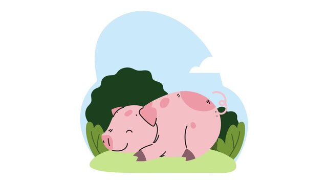 Cute cartoon pig sleeping on grass in sunny meadow with moving clouds and bushes 2d animation.