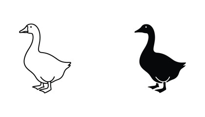 Cute goose farm animal icon set in simple line art and solid black silhouette for rural branding © Mirage