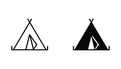 Teepee style camping tent icon set in outline and solid black style for outdoor activities © Mirage