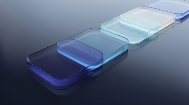 Translucent Glass Rounded Rectangles Arranged on Dark Reflective Surface