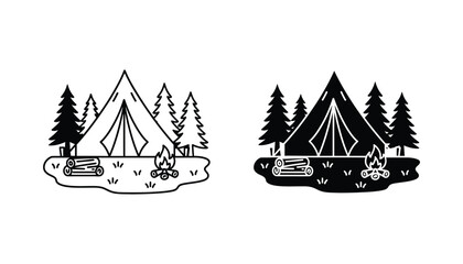 Camping tent with campfire and pine trees in forest setting icon vector illustration set © Mirage