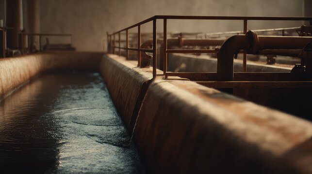 Industrial wastewater treatment facility showing a basin with flowing water for purifying and managing pollution, essential for environmental protection and sanitation systems