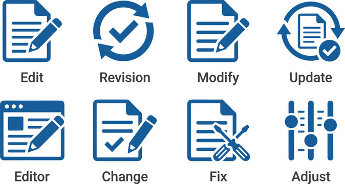 Revision and modification icon collection featuring edit update change fix and adjust control settings for design.