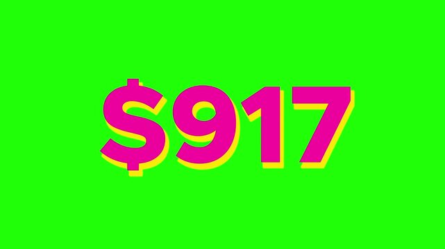 Animated Dollar Counter Counting Up to 3000 Dollars on Green Screen