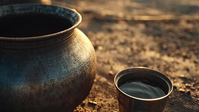 Traditional metal water pot and cup on sandy ground during sunrise