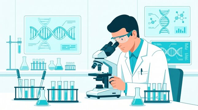 Scientist examining DNA with microscope in laboratory, illustrating scientific research and genetic discovery
