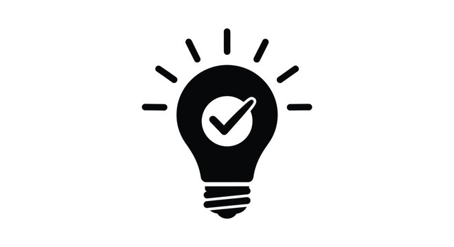 Black light bulb icon featuring a check mark symbol representing a successful creative business idea