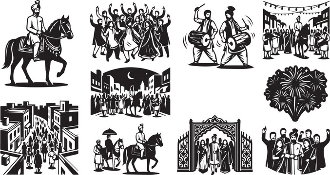 Pakistani wedding vector set &ndash; traditional South Asian wedding silhouette with bride, groom and baraat procession, nikah ceremony and celebration concept illustration
