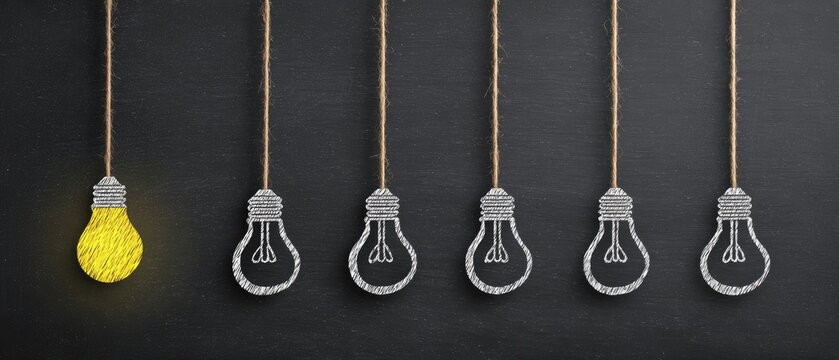 A single lit yellow bulb stands out among unlit bulbs on a dark background