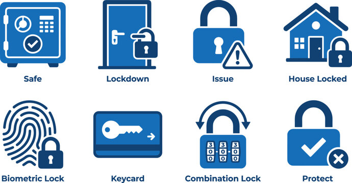 Security lock icons set including safe lockdown issue house biometric keycard combination lock and protect on grid.