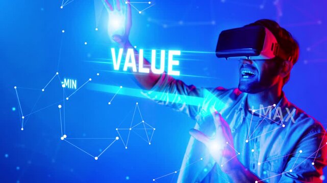 A young man interacts with virtual reality technology in a vibrant blue neon setting, emphasizing themes of value and maximization in a futuristic digital landscape. Raster