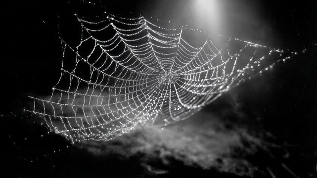 Sparkling spider web with dew drops illuminated by dramatic light. A detailed close-up of a delicate spiderweb covered in glistening dew drops