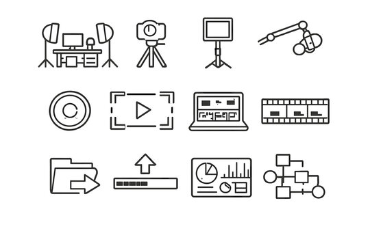 Vlog Studio Icon Set. Home studio vlog setup. Line outline icon set of Home studio vlog setup: compact studio,
