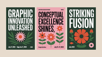 Three retro style floral exhibition posters with bold typography and graphic design high quality professional detailed © Raian