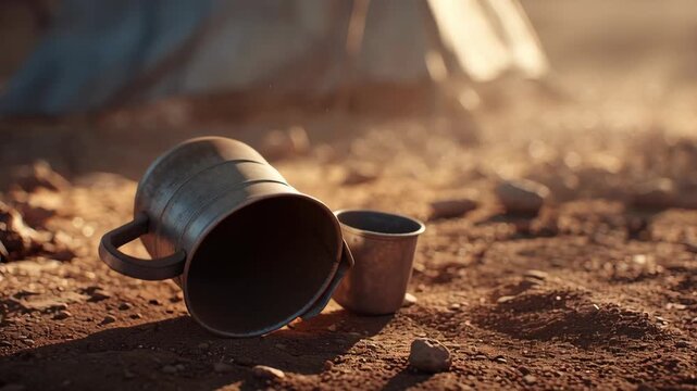 Metal vessel falling on arid ground during a traditional Indian pilgrimage