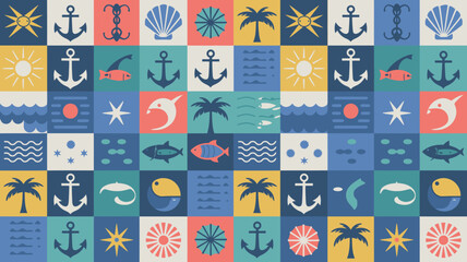 Nautical pattern with anchors seashells fish and palm trees colorful vector illustration high quality professional detailed © Raian
