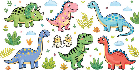 Cute Dinosaur Character Set Featuring Triceratops, Brachiosaurus, and T-Rex with Baby Hatchlings for Kids' Nursery Decor, Birthday Party Invitations, and Educational Prehistoric Art. © Ismail