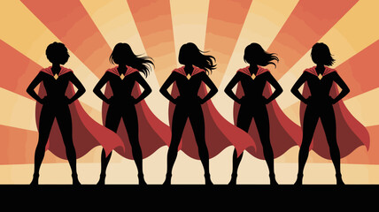 Silhouetted superhero women with capes dynamic poses against a radial background high quality professional detailed modern © Raian