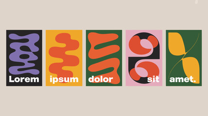 Five abstract poster designs with wavy shapes and typography on colored backgrounds high quality professional detailed © Raian