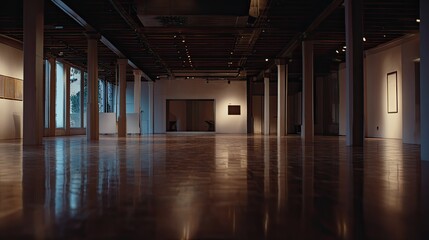 Naklejka premium Large empty exhibition space featuring polished hardwood flooring, architectural pillars, and subtle overhead lighting creating a minimalist and quiet atmosphere
