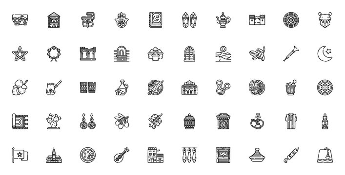 Morocco icon set. Travel and culture vector pack. Includes Drum, Camel, Tajine, Mosque, Fez, Desert, Dates, Pottery, Hamsa, Spice, Teapot, Jewelry, Star, Chessboard, Door, Carpet and more.