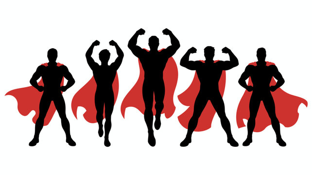 Five superhero silhouettes with red capes against a white background high quality professional detailed modern elegant