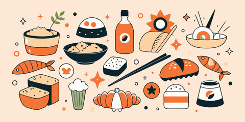 Set of japanese food items, soy sauce, sushi, rice, fish, dessert. outline cartoon style © Sadhin07