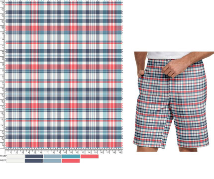 Top-down view of a vibrant Madras plaid fabric swatch with a technical scale, accompanied by a 3D apparel mockup of men's summer chino shorts.