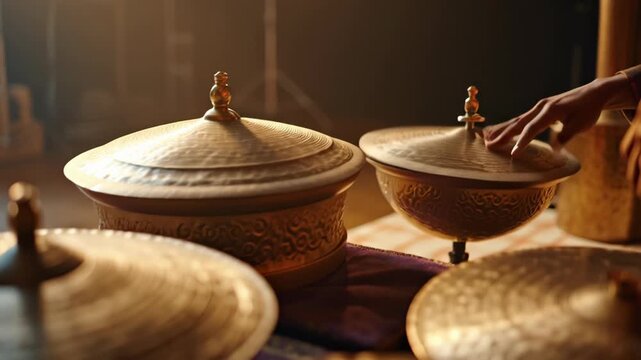 Close up of a devotee playing traditional bronze tala cymbals in India