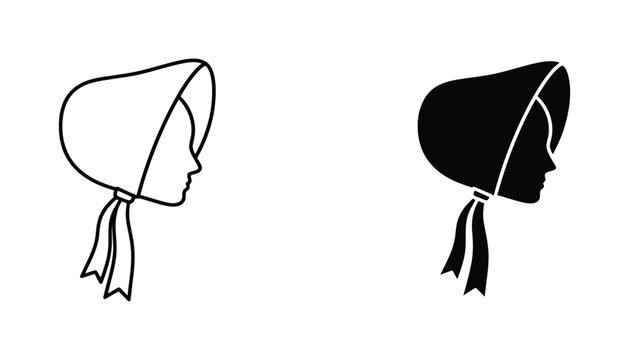 Victorian bonnet hat icon set featuring classic headwear for women in both outline and solid black vector styles for historical and fashion graphic design