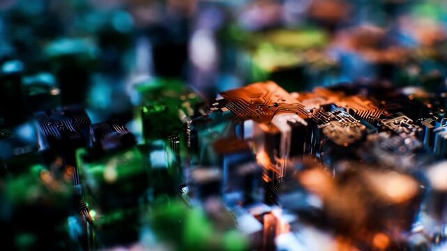 Tracking dolly slow motion zoom shot of circuit board components shifting focus across reflective electronic surface in studio close up