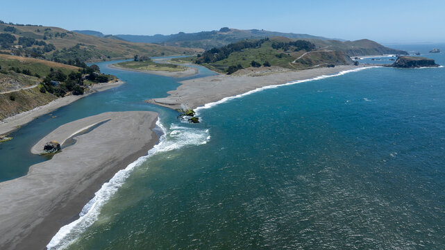 High angle view of coastal landscape where Russian River meets the sea