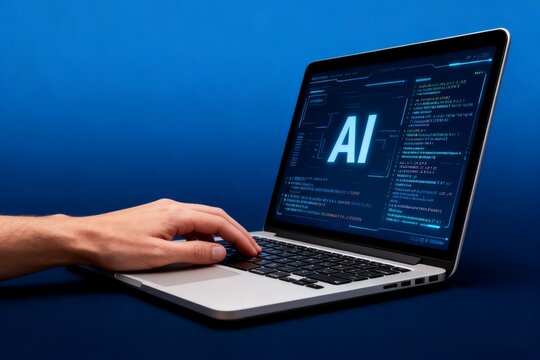 Hand typing on laptop with AI code