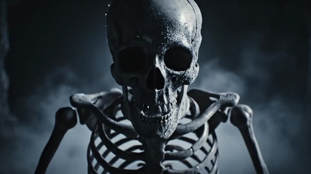 Creepy Human Skull Walking in Dark Horror Environment