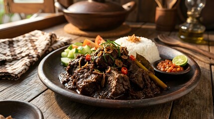 Authentic Indonesian rendang made from slow-cooked beef with rich spices, known as one of the most flavorful traditional dishes.