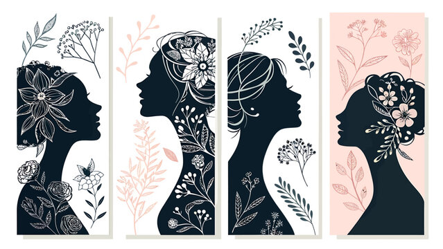 Four women silhouettes with floral patterns and leaves on white and pink backgrounds
