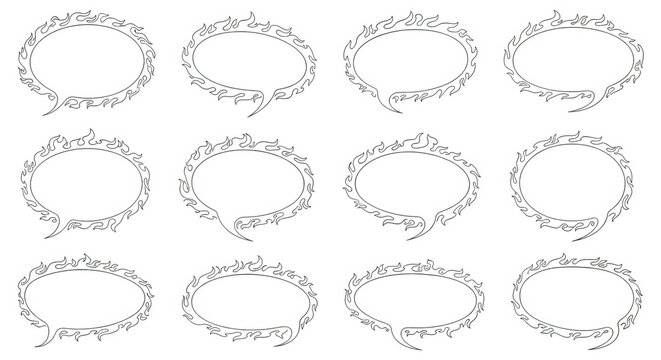Set of hand drawn speech bubbles with fire flames isolated on transparent background