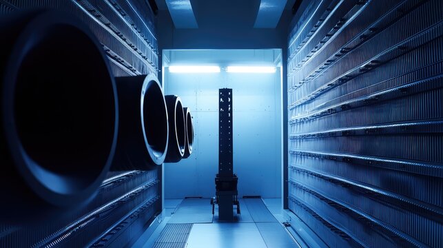 Data center cooling infrastructure using large ventilation tubes along a long aisle, providing essential temperature regulation for high performance computing hardware and servers