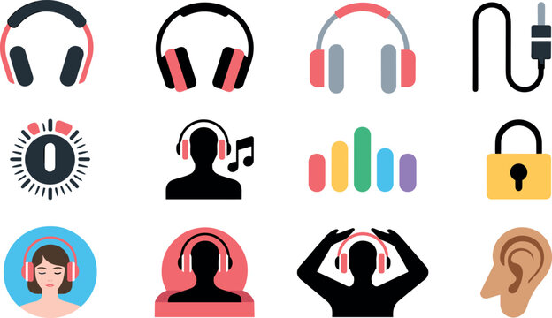 Modern audio equipment icon set featuring headphones music listener person sound waves volume control and ear protection for podcast and multimedia design