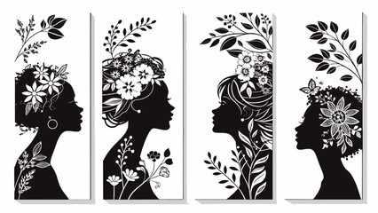 Obraz premium Four black silhouettes of women with floral crowns and leaves on white background