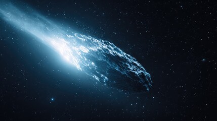 Fototapeta premium Comet streaking across the dark cosmos, trailing a luminous tail and scattering stardust against a distant starfield, evoking speed, mystery and celestial travel