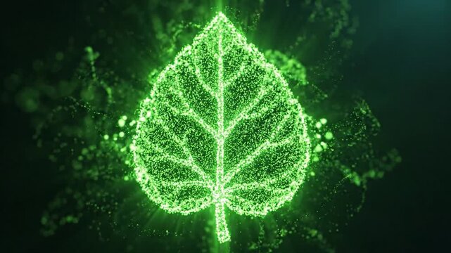 Green particles forming glowing leaf shape with bright light effect, digital nature concept showcasing vibrant energy and fresh environment, abstract particle effect symbolizing bright green nature